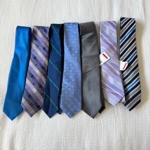 Lot of 7 Mens Tie Blue Purple Gray Striped Solid Michael Kors Calvin Klein JCrew